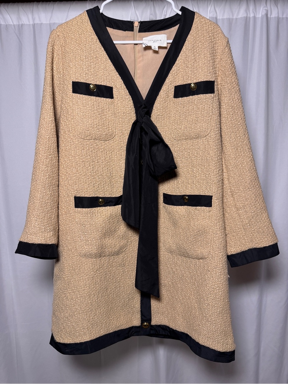 Pomander Place by Tuckernuck Dress XL Tan Coco Tweed Bow Dress Long Sleeve